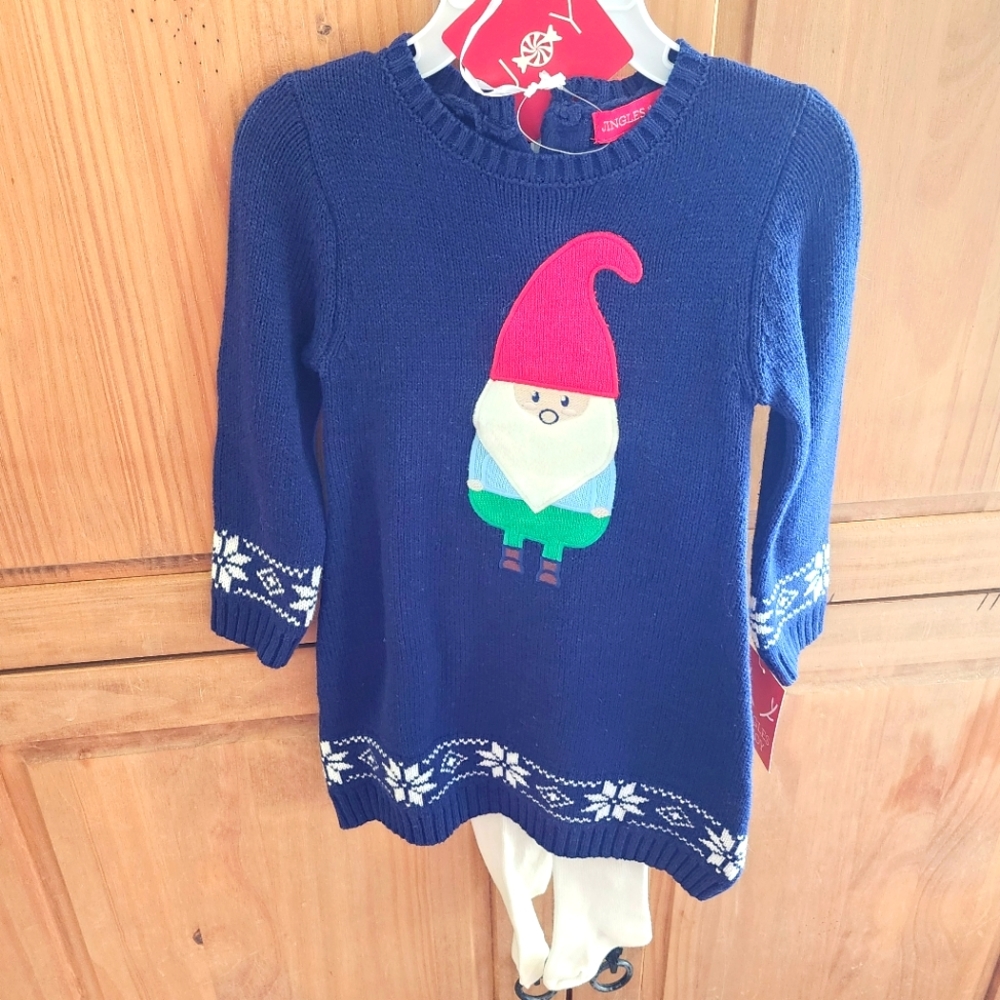 Nwt 12-18 months navy winter gnome nordic sweater dress, cream tights, knit hat